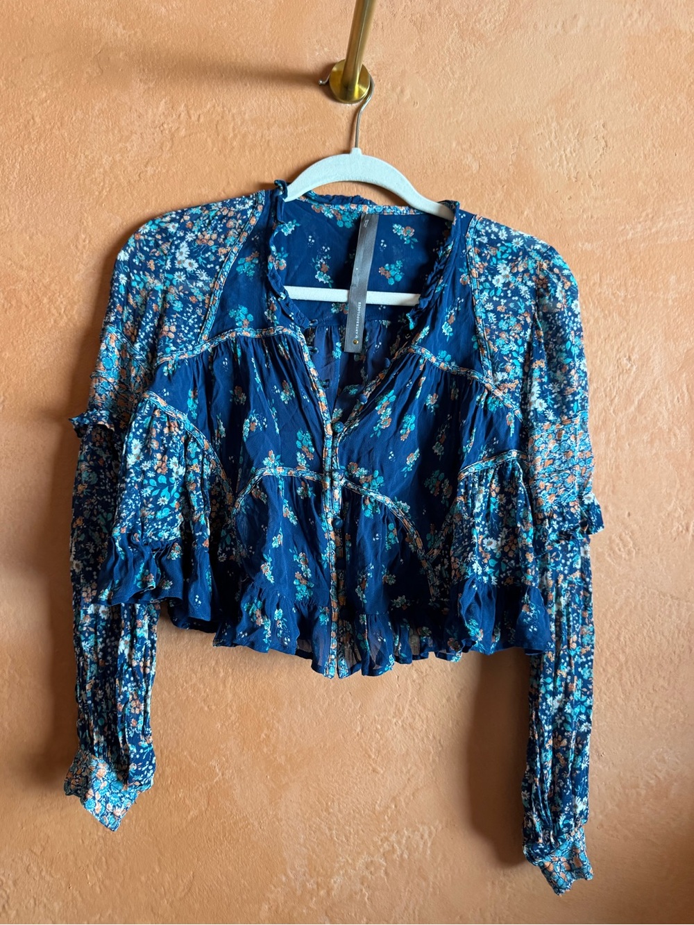 By Anthropologie Sheer Babydoll Floral Blouse Blue Size Small - Picture 2 of 10